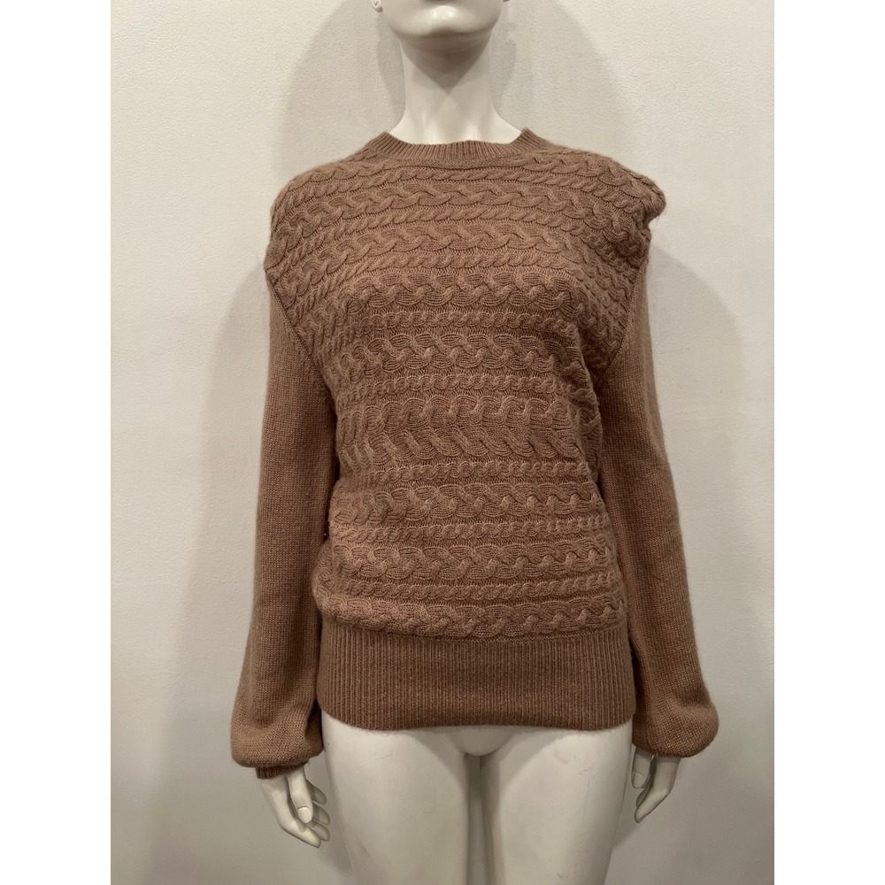 525 America Womens Medium Tan Cable Knit Padded Shoulder Crewneck Sweater